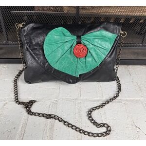 Noble Handbags Inc Genuine Leather Unique‎ Purse Black Green Flower Chain Strap